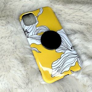iPhone 11 Yellow Line Art Flower Case with a Black Popsocket